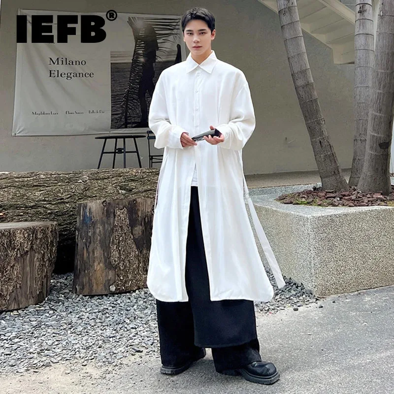 IEFB Niche Design Men\'s Shirts Turn-down Collar Overknee Long Sleeve Belt Solid Color Casual Top Single Breasted Menswear 9C1933