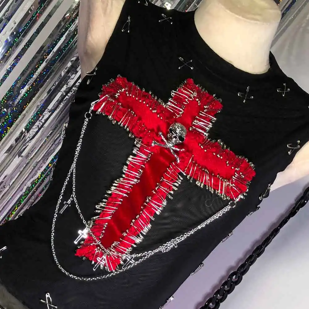 

DIY Harajuku Emo Y2K TOPS Hand Made Goth Cross E-Girls 90s Teen Rave Outfits Punk Rock Eco Kawaii Gothic Tank Pin Grunge