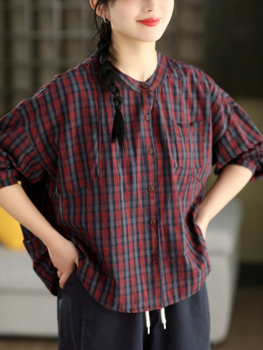 

Retro Style Cotton Shirt Garden Beauty 100% Cotton Single Button Plaid Stand Collar Casual Spring Fashion Ladies' Shirt