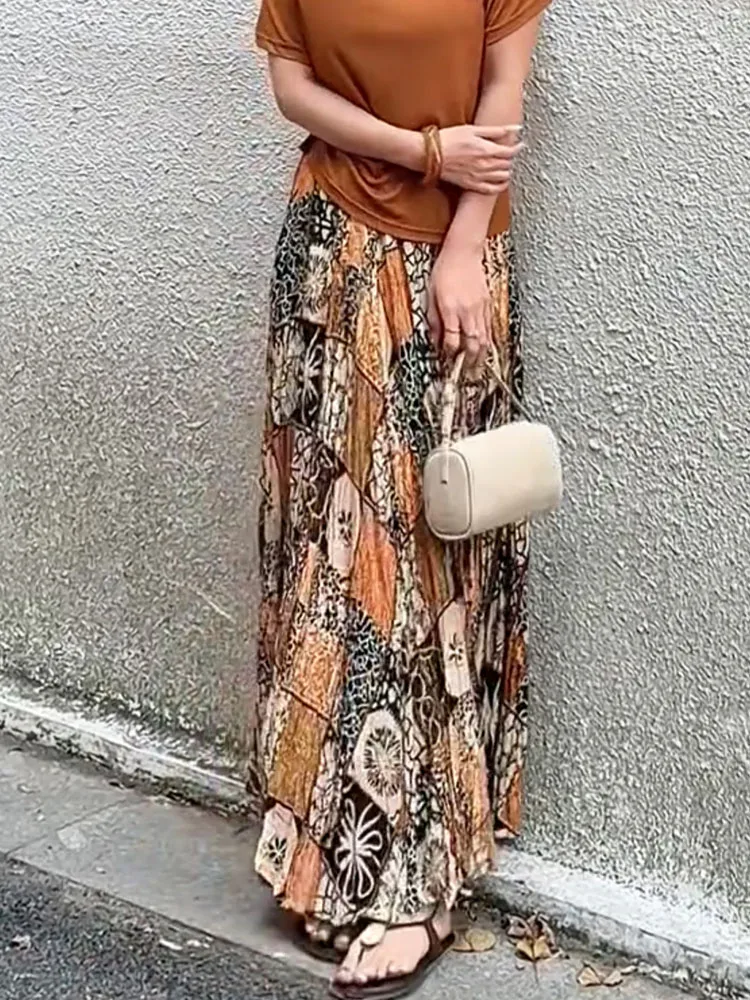 

Retro Vaion Sle Lazy Casual Print f Skirt Commute Sle Ele Loose Long Skirt Summer New Arrival plus Size Women's...