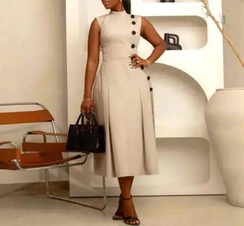 

2025 Elegant Temperament, Waist Cinching, Stand Up Collar, Sleeveless Button Decoration Dress, Summer Solid Color Vest Dress