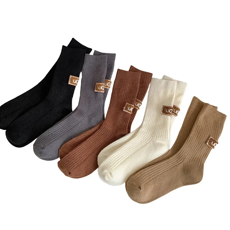 

3 Pairs Brand Luxury Socks Women Designer Wool Cashmere Solid Thick Pile Socks Embroidered Logo Mid-Calf Casual Snow Boot Socks