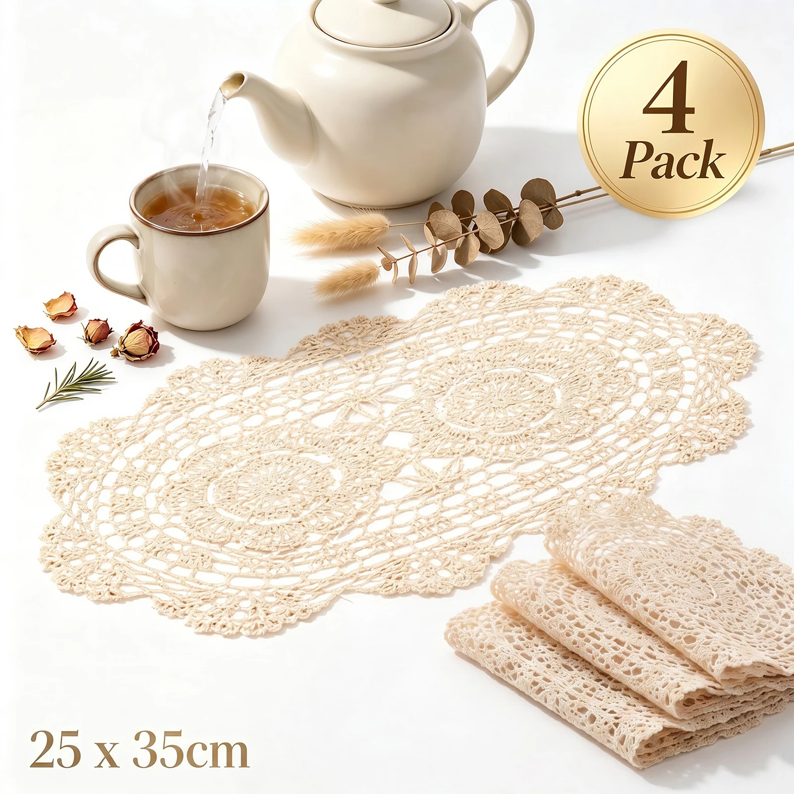 4 Pack Vintage Lace Placemats Crochet Lace Doiliy Oval Table Place Mat for Wedding Dining Tea Party Centerpieces Home Decoration