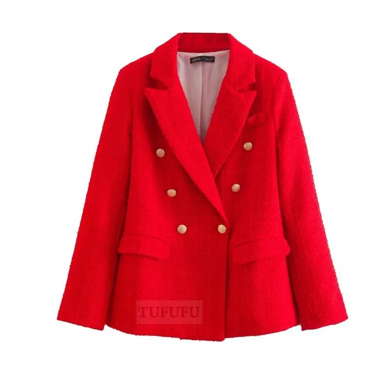 European and American women's textured double-breasted suit coat 2023 autumn and winter new fashion casual top