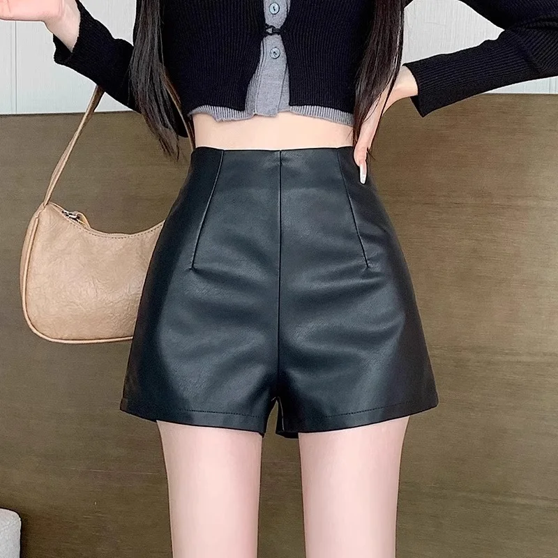 Women Pu Leather Shorts High Waist Slim Fit A- crotch Bottoming Outdoor Wear Small Size Shoe Pants Korean Style Casual Style