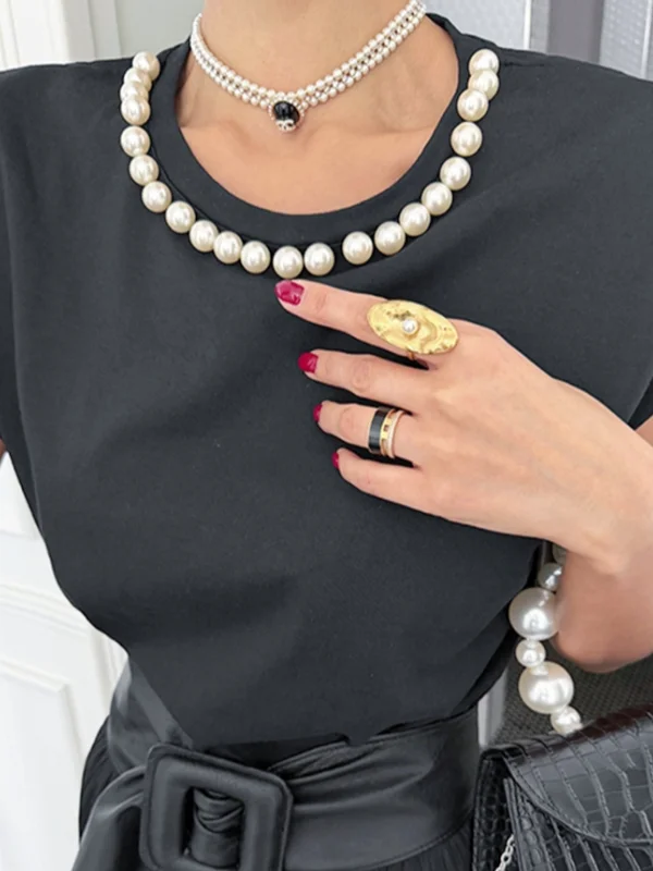 Pure Cotton Pearl Embellished Sleeveless Vest High-Shoulder Pad Design Advanced Sensation round Neck Straight Angle