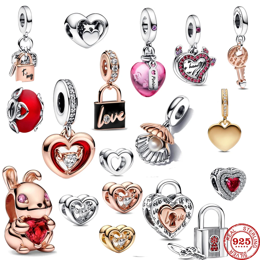 925 Sterling Silver Frosted Red Murano Glass & Hearts Lock Charm Bead Fit Original Pendant Bracelet Trinket 2023 New Love’s Gift