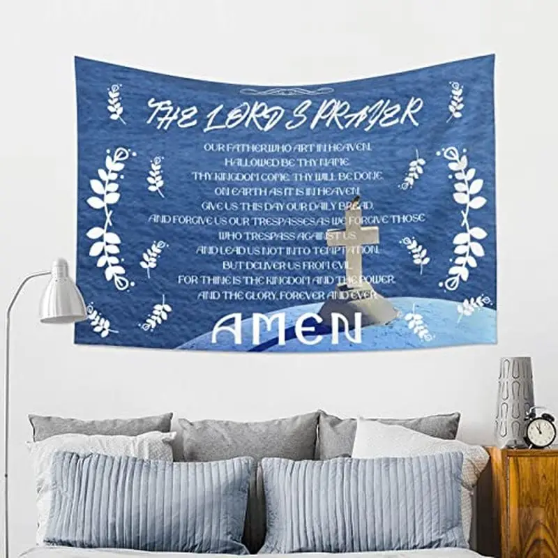 VIKAMA The Lords Prayer Blue Scripture Wall Tapestry Our Father Amen Cross Earth White Leaf Christian Religious Bible Verse Soft