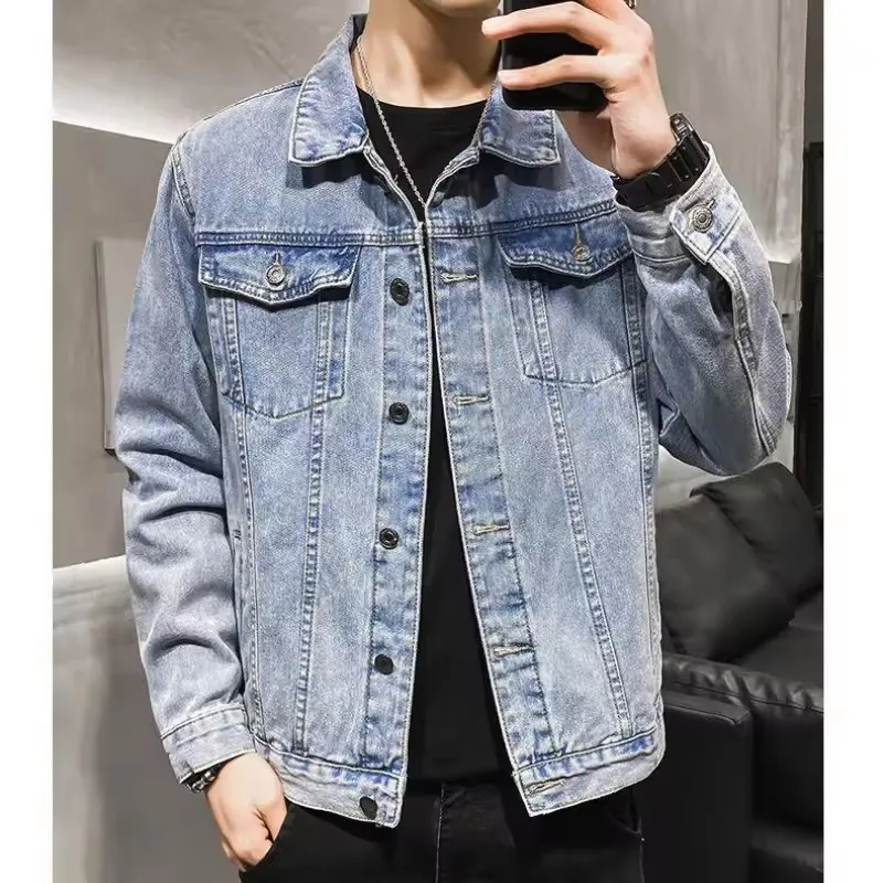America Vintage Heavy Wolf Embroidered Patch Jeans Jacket Men Hip Pop Punk Rivet Denim Jackets Streetwear Fashion Blue Coats Men