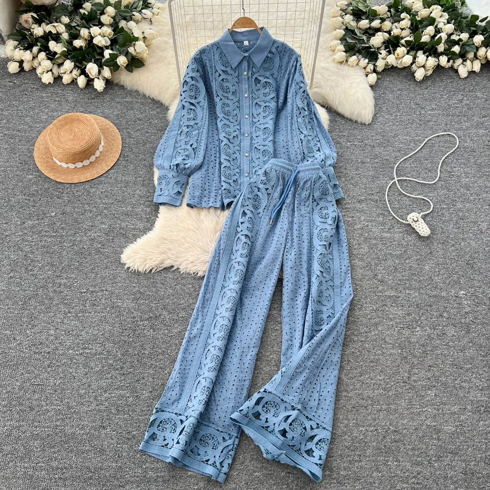 ALPHALMODA สไตล์ฝรั่งเศส ลูกไม้ปักกลวง ตัดแต่ง เสื้อเชิ้ตแขนยาว สำหรับผู้หญิง เอวสูง ชุดสูทกางเกงทรงตรง