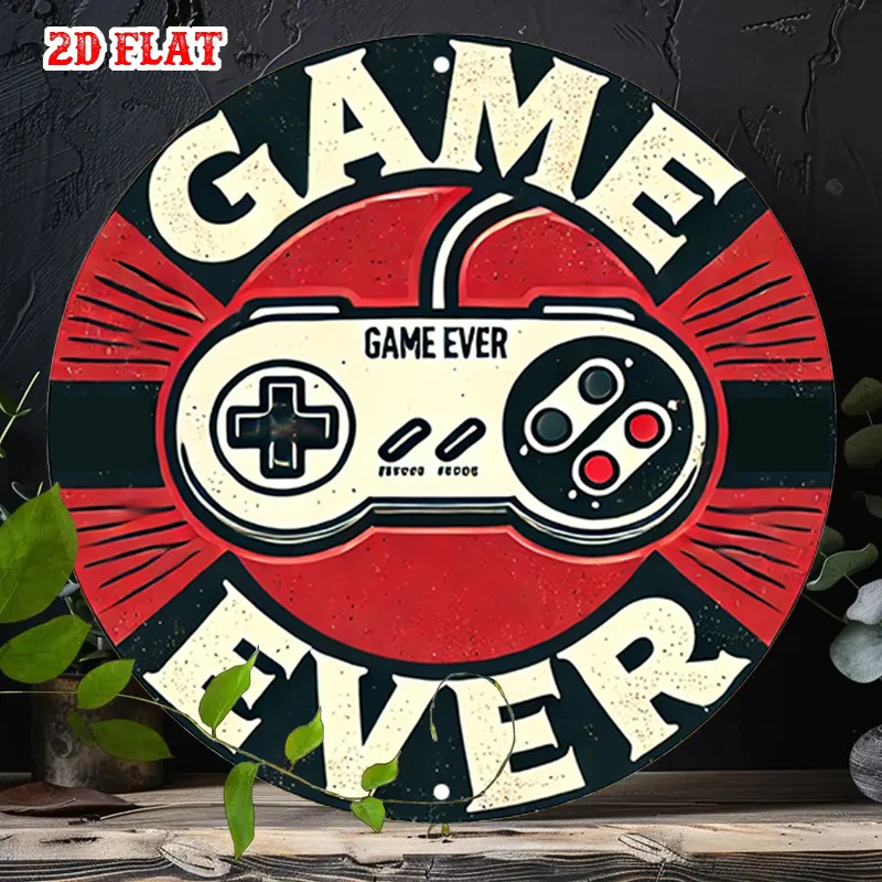 2D Flat 1pc Retro Gaming Round Aluminum Sign, Controller Design Metal Sign - Game Ever Rustic Metal Wall Art, Fun Vibes