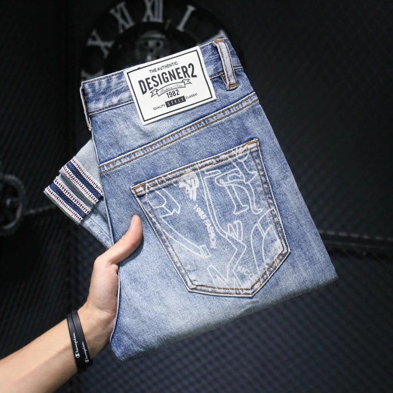 2024 New Blue Color Printed Jeans Men's Retro Nostalgic Washed Street Fashion High-End Slim Fit Light Straight-Leg Trousers
