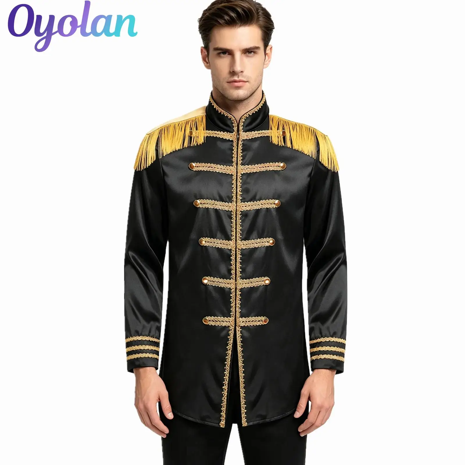 Disfraces de circo para hombre, disfraz de maestro de ceremonias, chaquetas Hippie de Navidad de satén, banda de marcha Medieval Hippy, ropa de abrigo larga de sargento SGT de los años 1960