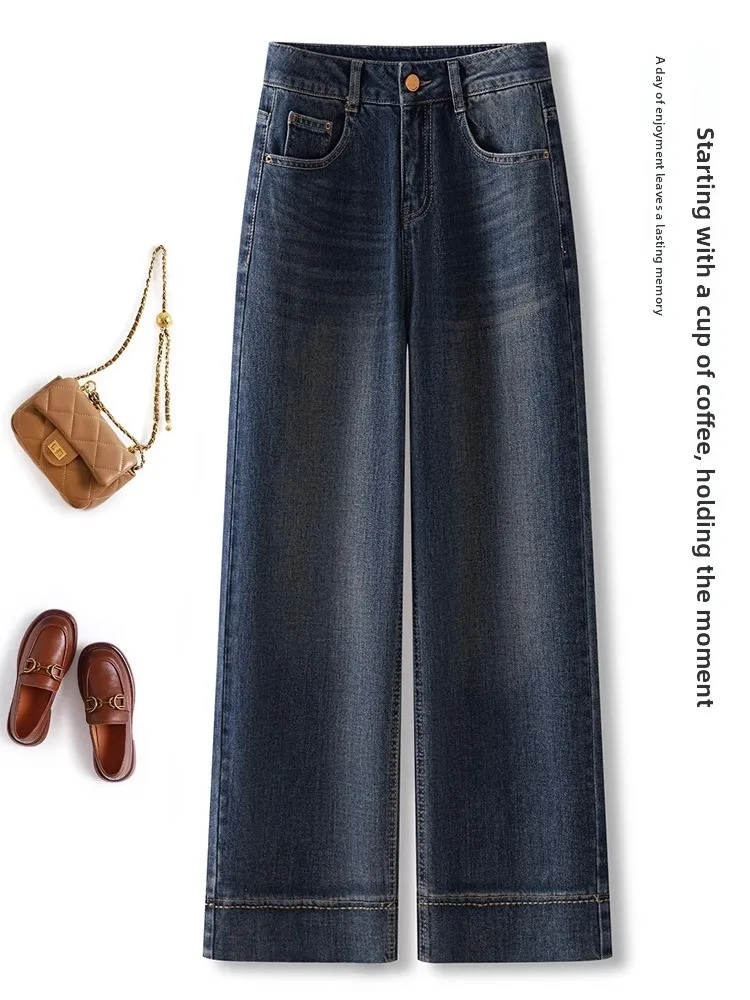 

Тонкие прямые джинсы с высокой талией и широкими штанинами на подкладке, женские винтажные синие джинсовые брюки премиум-класса на весну, осень-зиму