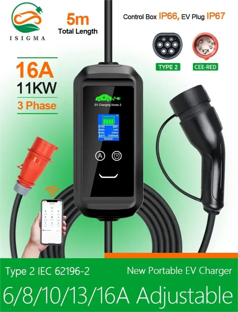 Portable EV Charger Type 2 EV Fast Charging Stations Adapter 10-32A 7kw Electric Car Charger With Control Box 5 Meters Cable