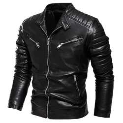 2025 Winter Black Leather Jacket Men Fur Lined Warm Motorcycle Jacket Slim Street Fashion BLack Biker Coat Pleated Design Zipper