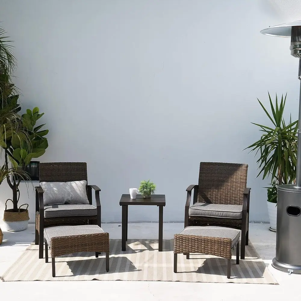 

Gray 5-Piece Outdoor Wicker Patio Furniture Set with Cushions, Ottomans, and Coffee Table for Balcony, Backyard, or Poolside