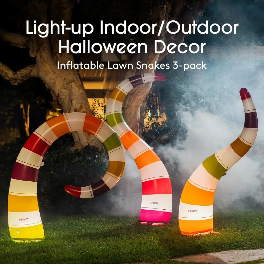 Serpiente inflable gigante iluminada para decoraciones de Halloween aterradoras, adecuada para uso interior y exterior, paquete de 3