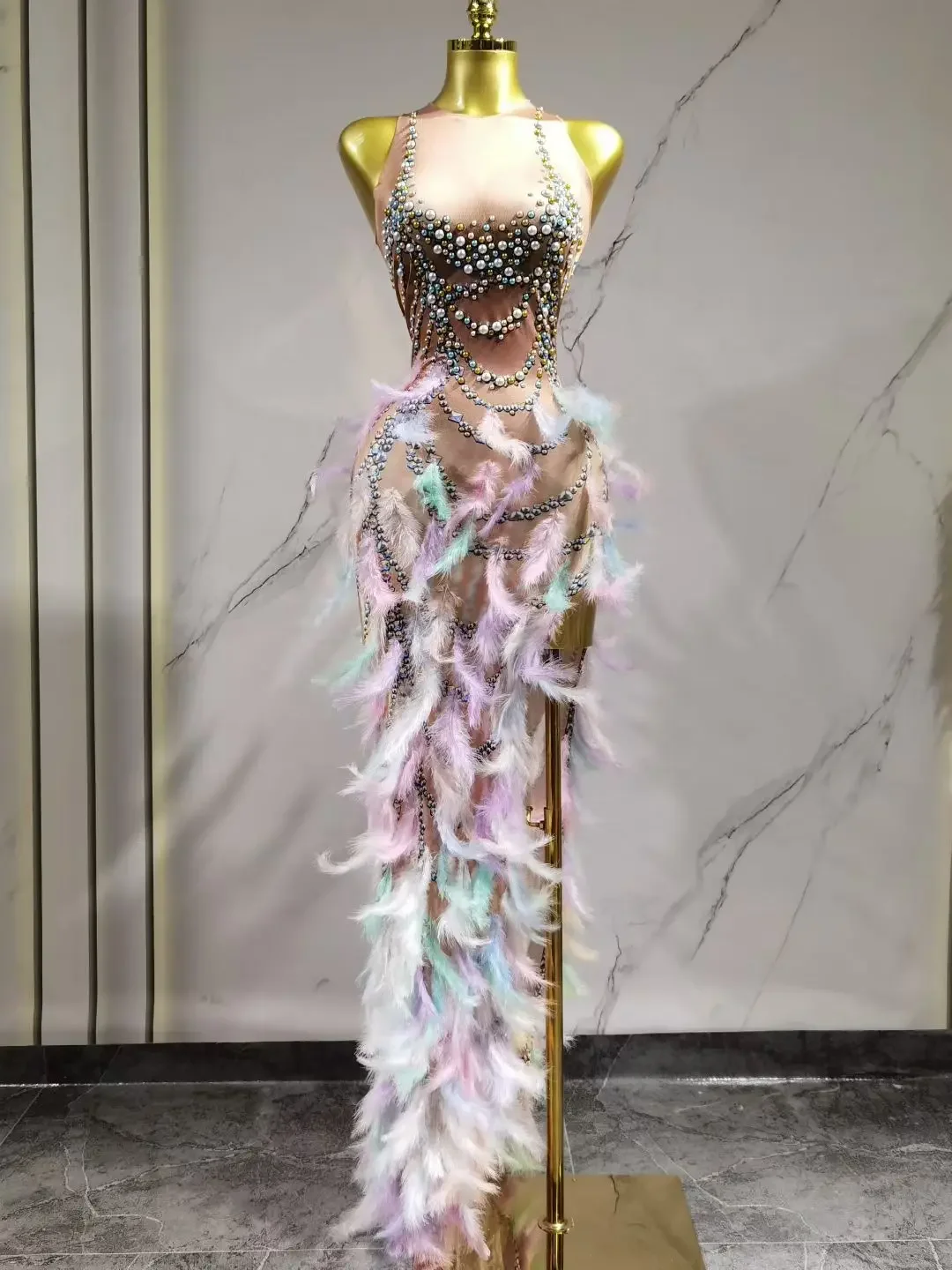 Women Sexy Pink Strapless Dress Glitter Beading Feather Mesh Transparent Stage Performance Costume Singer Wear