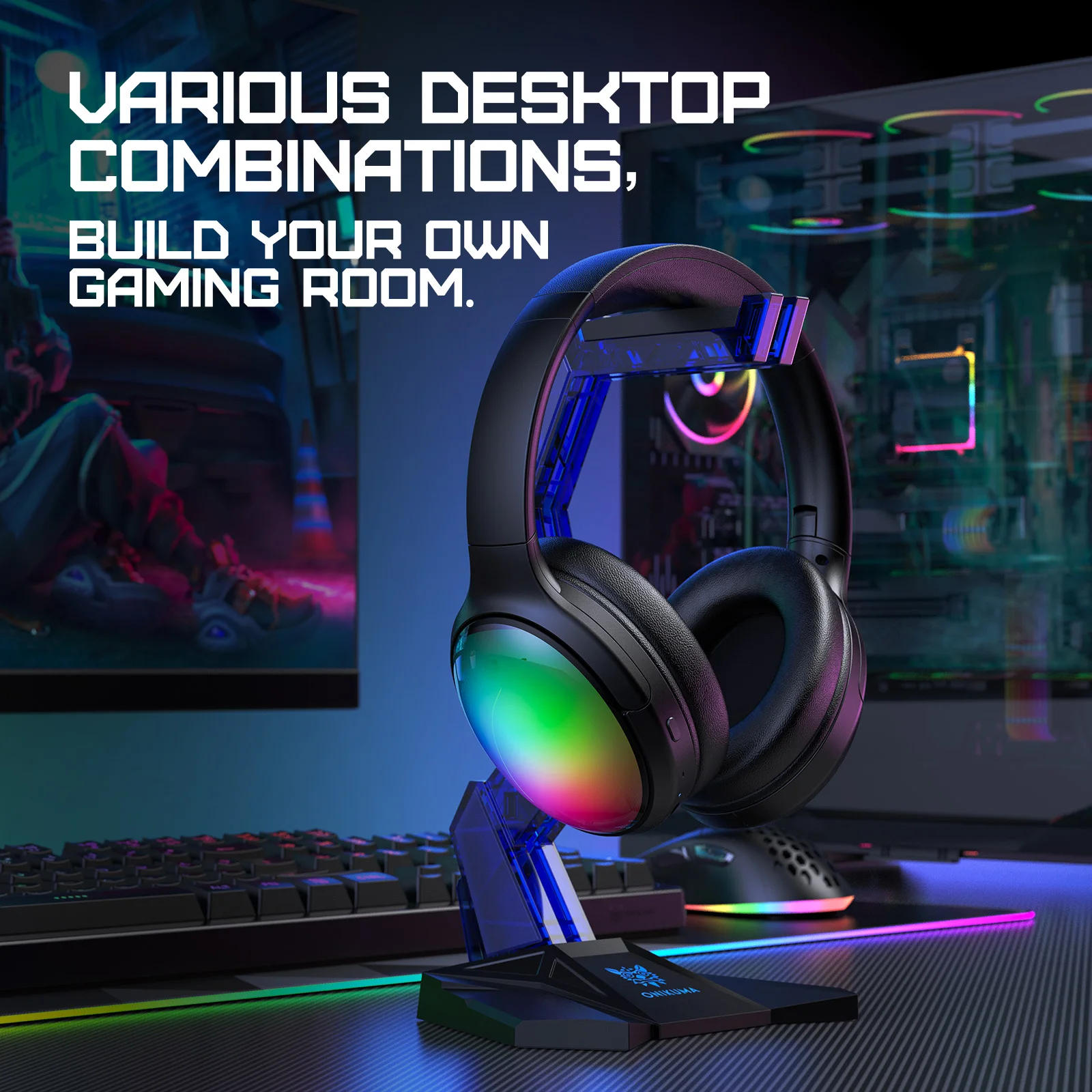 ONIKUMA B3 Wireless-compatible Over-Ear Headphones Foldable Wireless Earphone Headset with RGB LED Light for Gaming PC