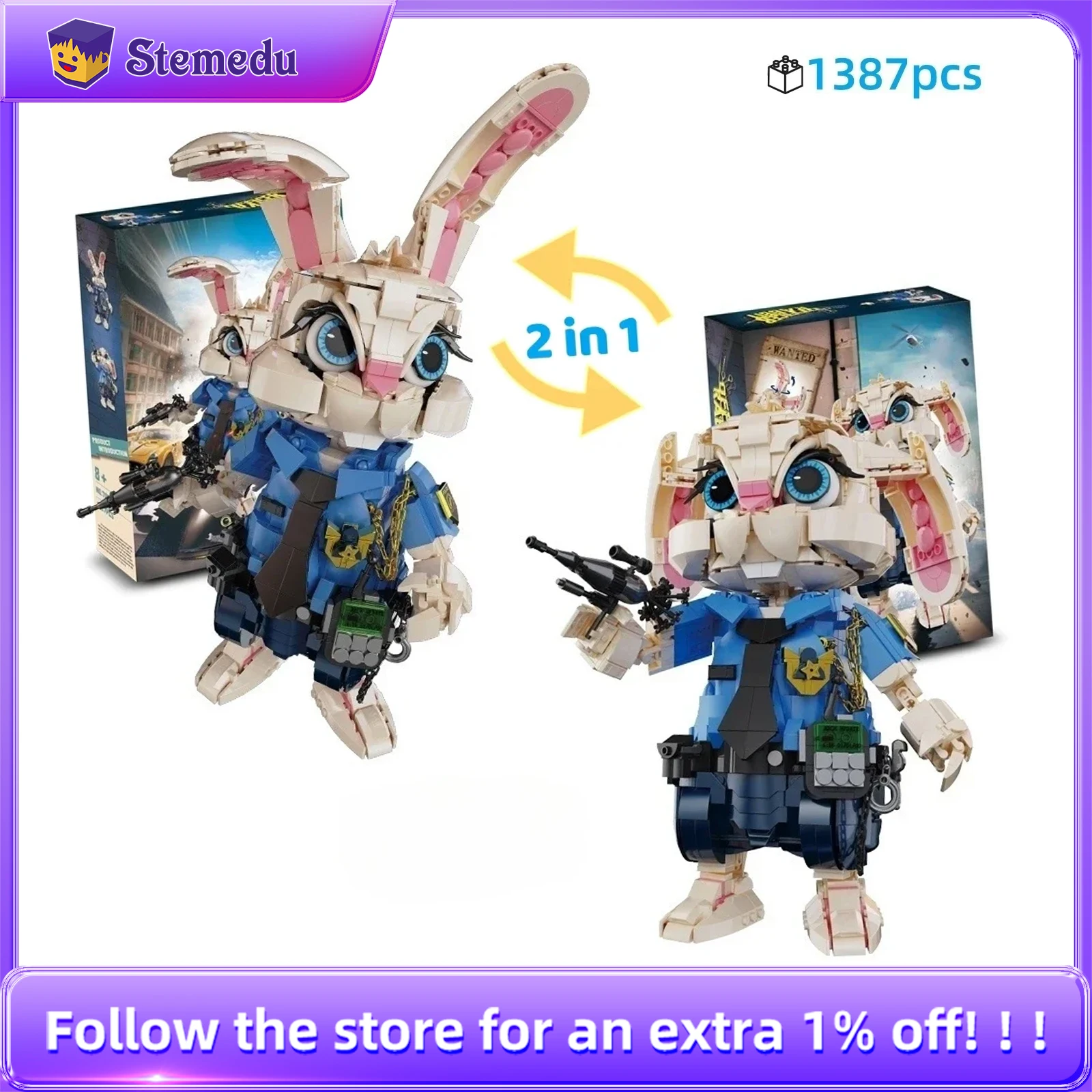 

7064 Creative Animal Building Blocks Set Judy Rabbit Police Officer DIY Construction Bricks STEM Educational Toys Assembling Kit