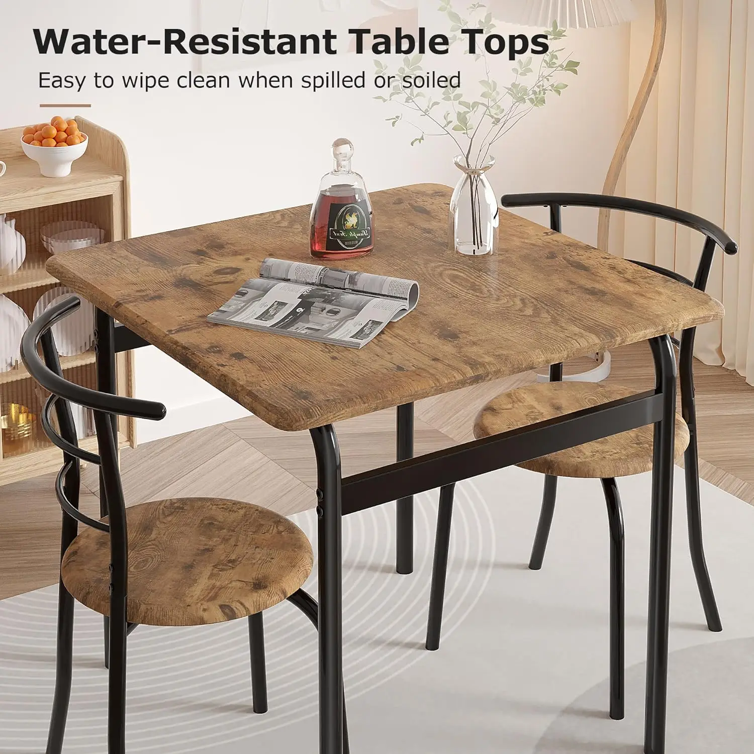 Vecelo 3 Piece Dining Table & Chairs Set For 2, Metal And Wooden Square Kitchen Dinette Set For Small Space, Breakfast Nook,