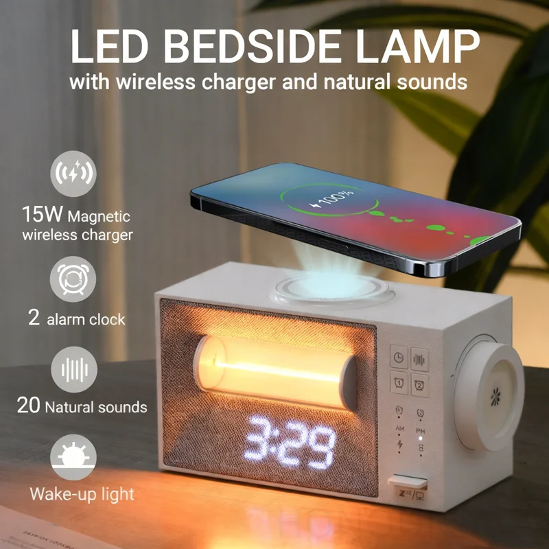 15W Magnetic Wireless Charger Ambient Lighting Wake Up Light Smart 3-Level Night Light White Noise Digital Display Clock Alarms
