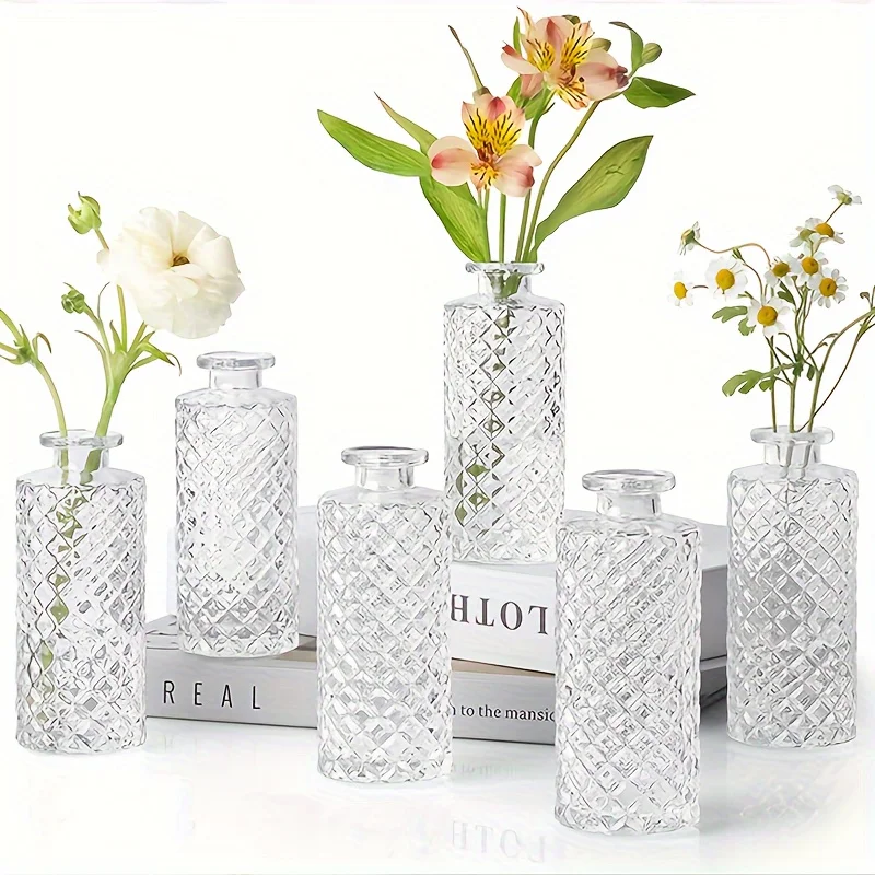 6-Piece Set of Glass Vases, Small Diamond Vases in Bulk, Mini Vase Decoration Center, Retro Bottle Desktop Decoration, Wedding Decoration, Reception, Family