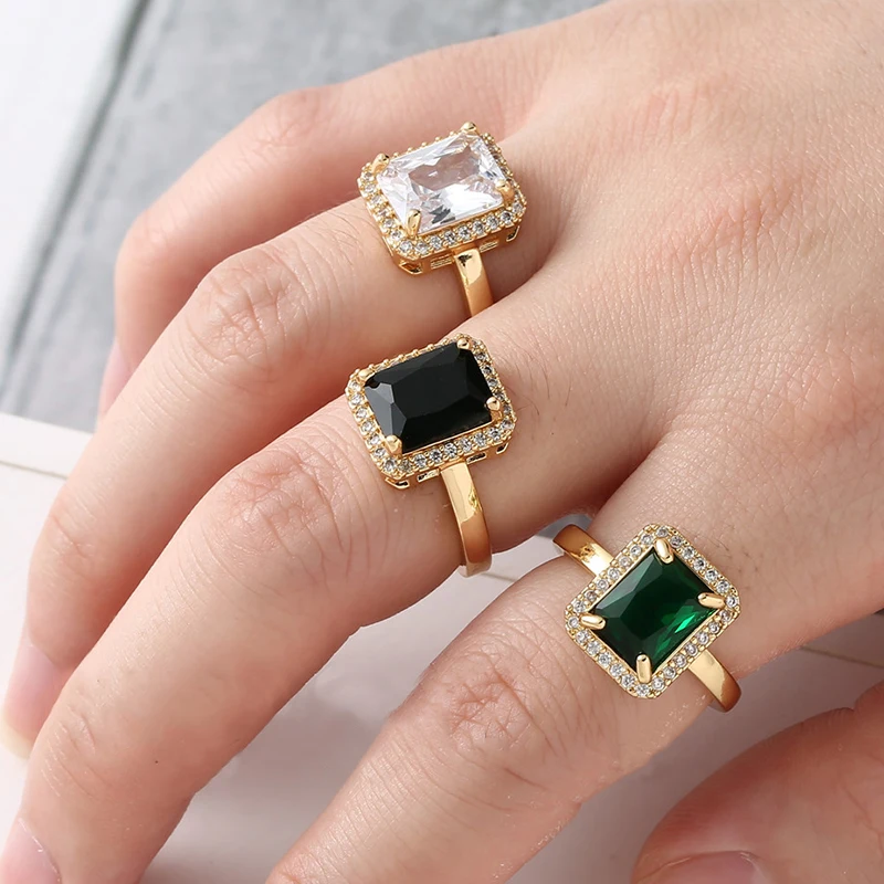 New Arrivals Women's Rings Zircon Square Green Black Open Rings Girls Party Finger Ring Fashion Copper Jewelry Gifts Wholesale