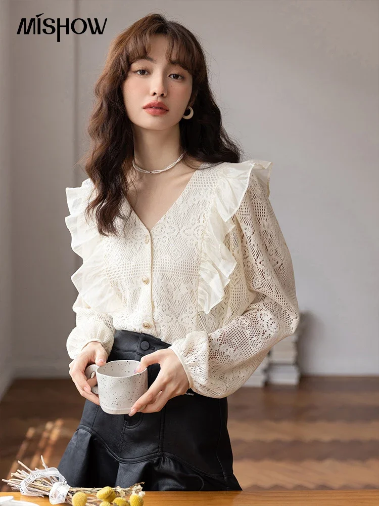 MISHOW Lace Blouses Women 2023 Autumn French V-neck Ruffle Long Sleeve Crochet Hollow Out Shirts Chic Female Clothing MXB35X0351