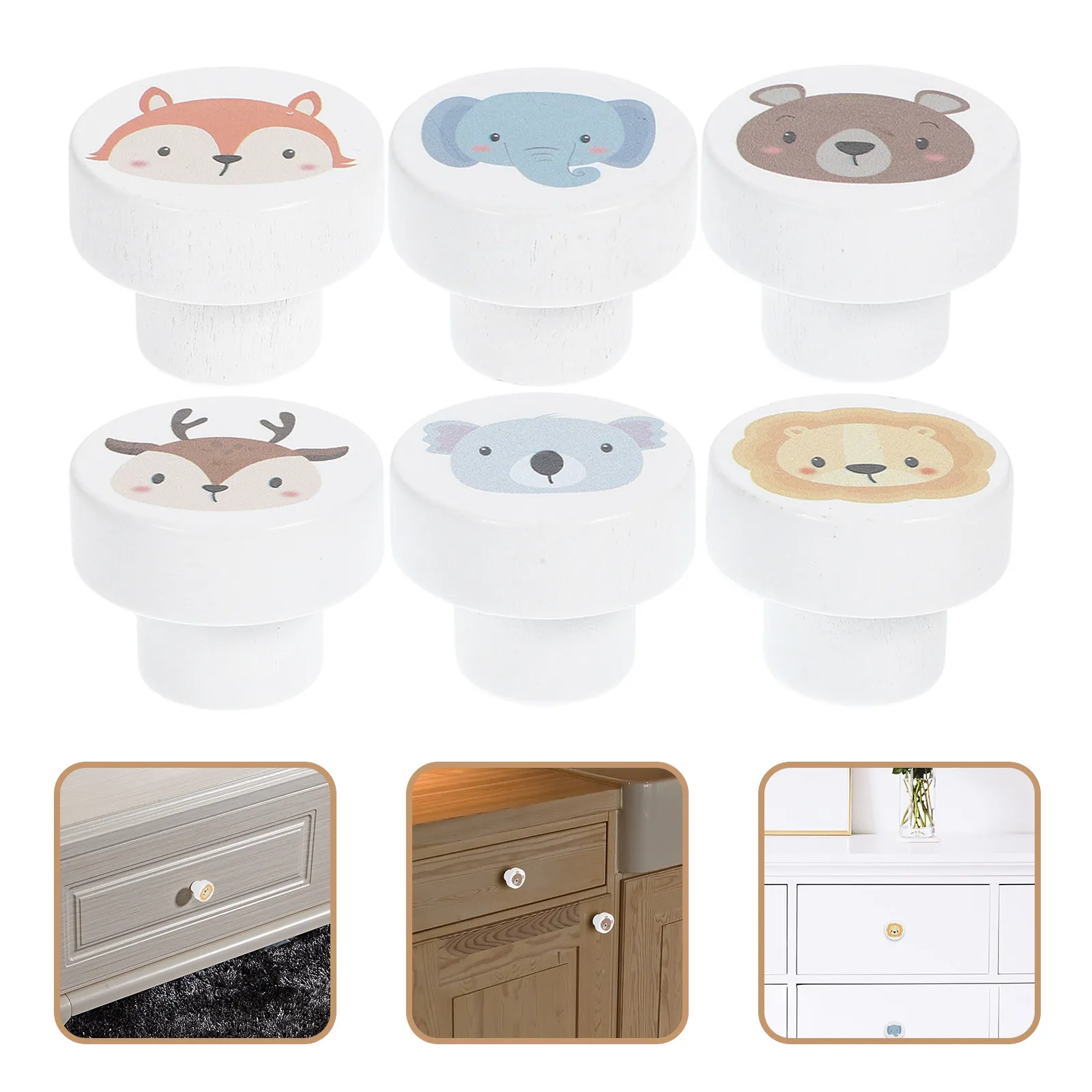 

6Pcs Animal Pattern Cabinet Handles Wooden Drawer Knobs Decorative Knobs for Room Furniture Dresser White Cute Animal Print