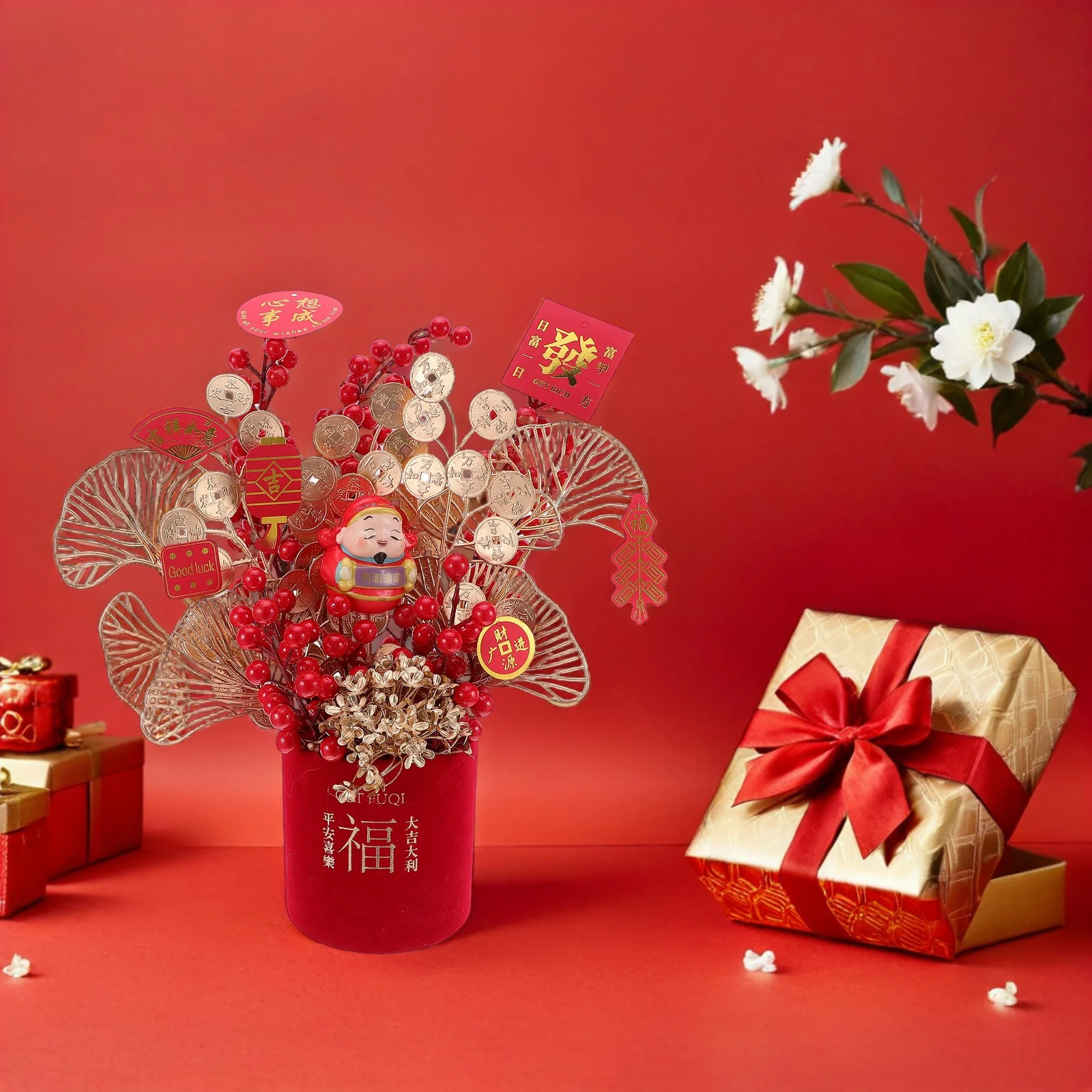 

Festive Spring Festival Decor 1Set Chinese New Year Ornament DIY Desktop Potted Plant Bucket Table Decoration Set