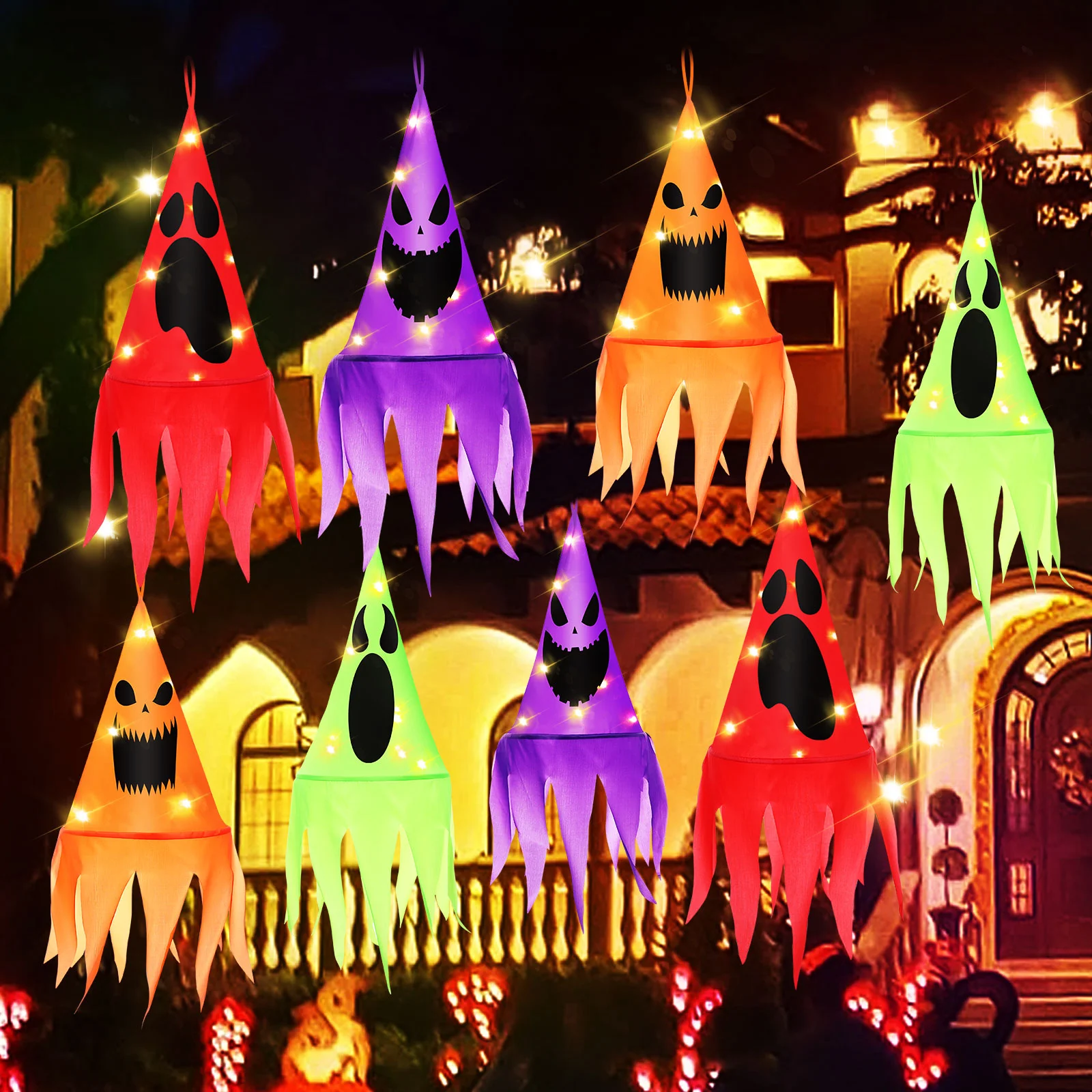 Sombrero de bruja escalofriante, sombreros iluminados, luces al aire libre para la casa, cuerda interior colgante, tafetán de poliéster, decoraciones de Halloween, fantasma