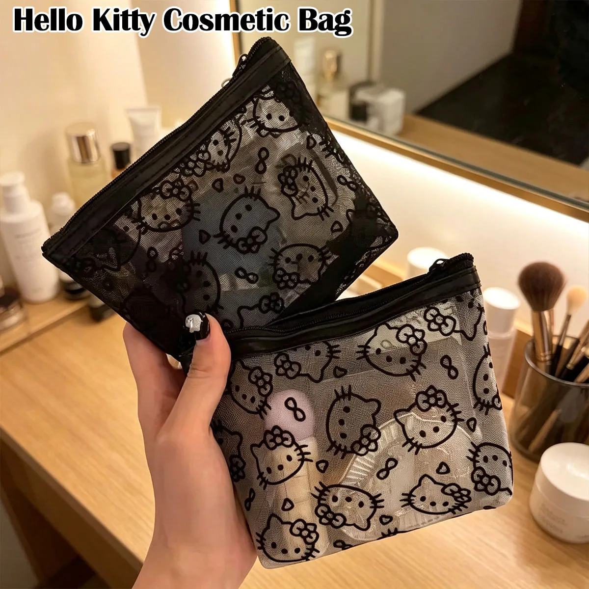 Sac à cosmétiques Kawaii en dentelle Hello Kitty, jolie bourse vintage, sac de rangement en maille noire, trousse de maquillage portable, cadeau quotidien