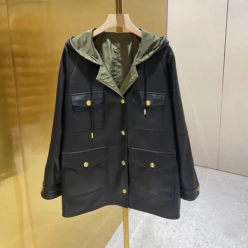 Autumn Winter Women Female Oversize Windbreaker Hooded Coat Casual Hooded Warm Jacket Real Sheepskin Leather Pocket Coat FG5853