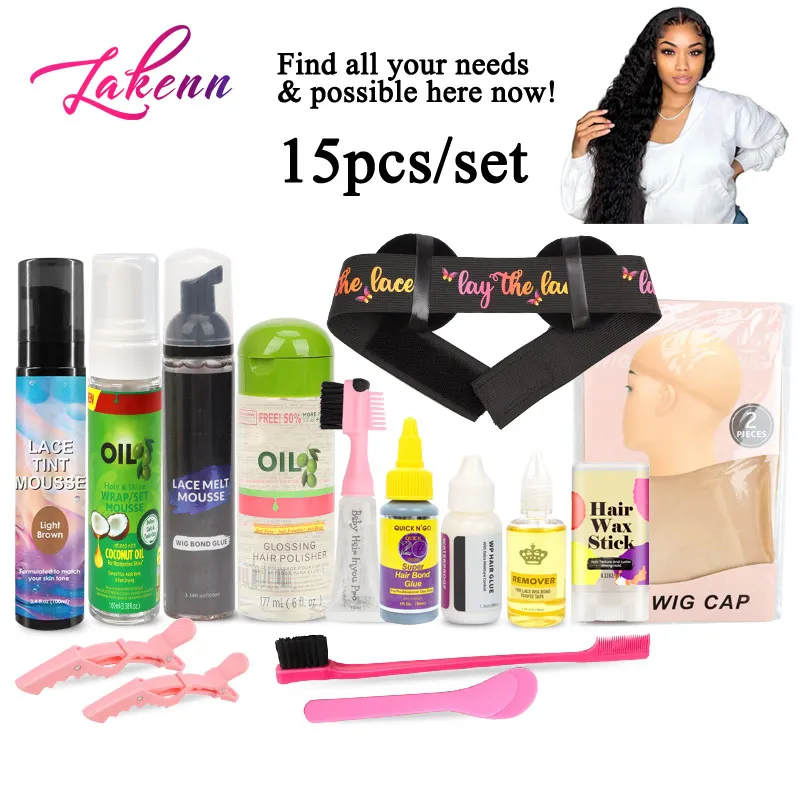 

Wig Installation Kit With Everything 15Pcs Lace Tint Mousse + Lace Melt Mousse + Hair Mousse + Glossing Hair Polisher + Wig Glue