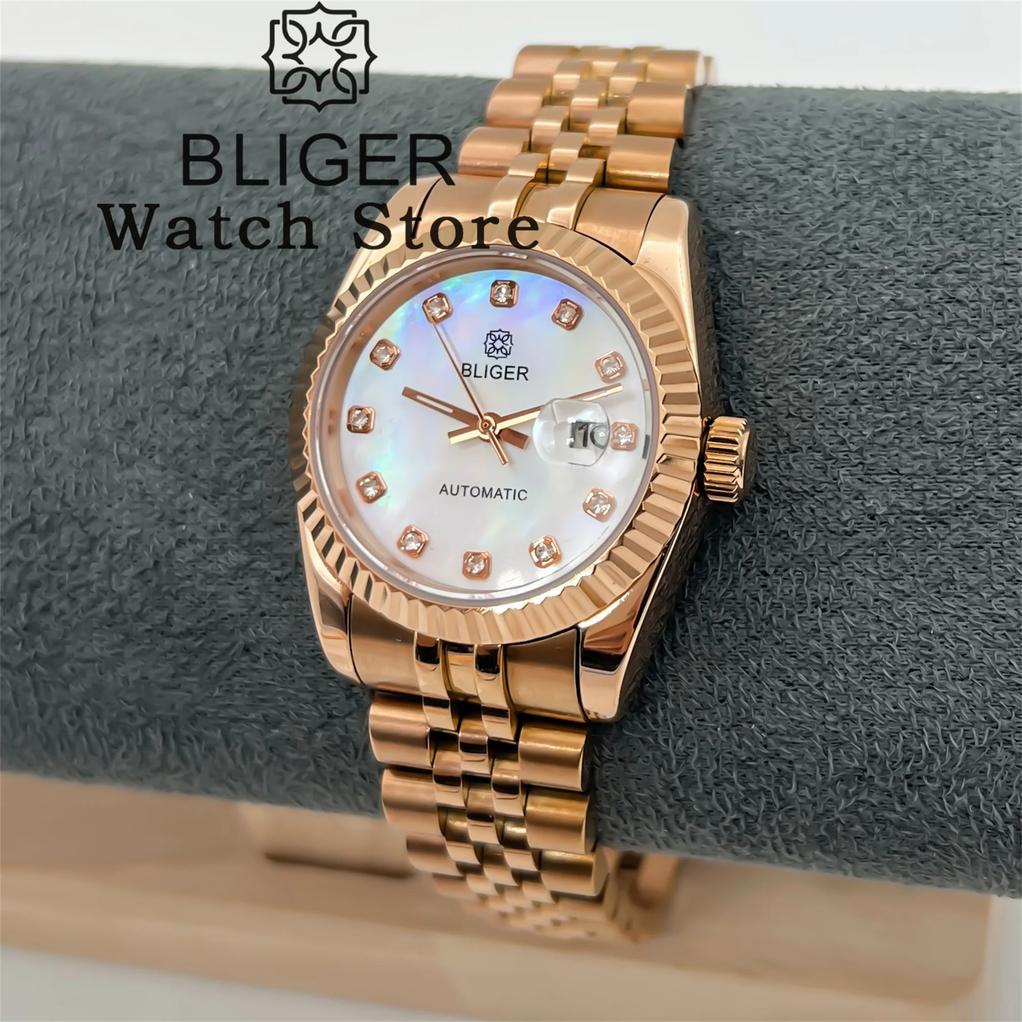 BLIGER 31 مللي متر ارتفع الذهب سيدة ساعة أوتوماتيكية NH05 حركة تاريخ شل الهاتفي منحني مخدد الحافة الياقوت الزجاج مقاوم للماء الساعات