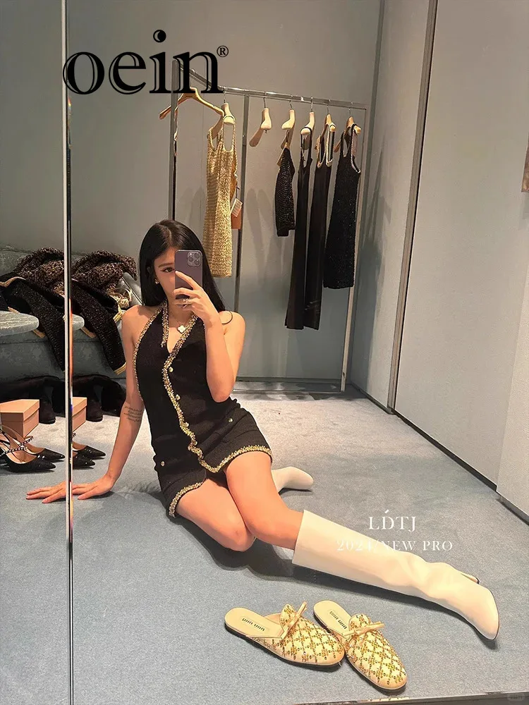 

[oein] Haute Couture Dress, Spring Winter New Miu Miu, Socialite, Heiress, Heavy Industry, Hanging Neck, Diamond Studded Nail