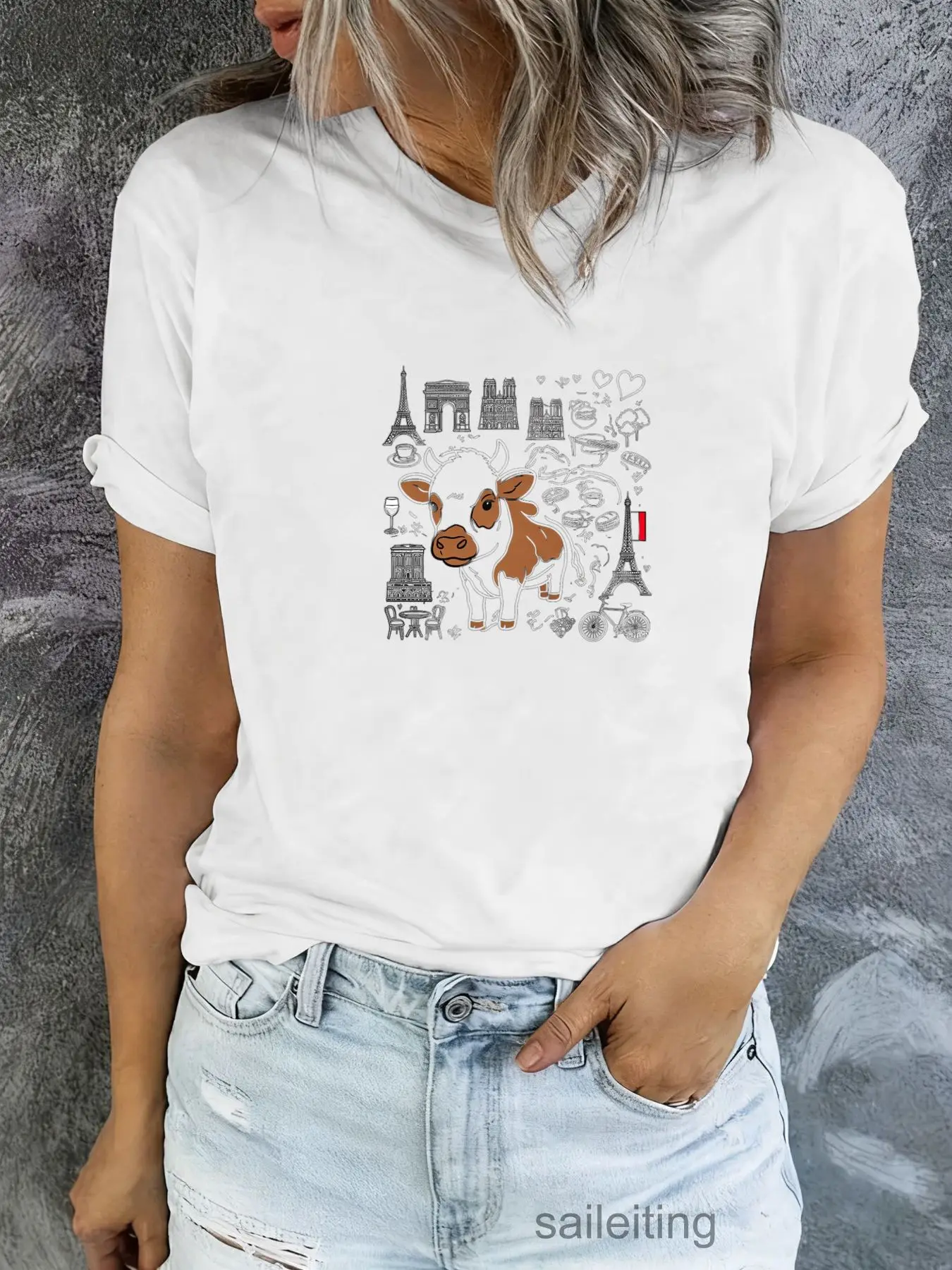 French Cow T-Shirt for Women Men - Cute Paris Eiffel Tower Baguette Wine Beret Graphic Tee, Summer Casual Short Sleeve Top, W
