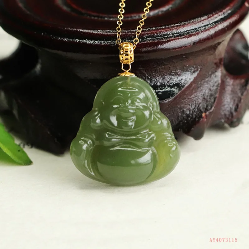 

Gold inlaid natural Hetian jade clear water Buddha Gong pendant necklace