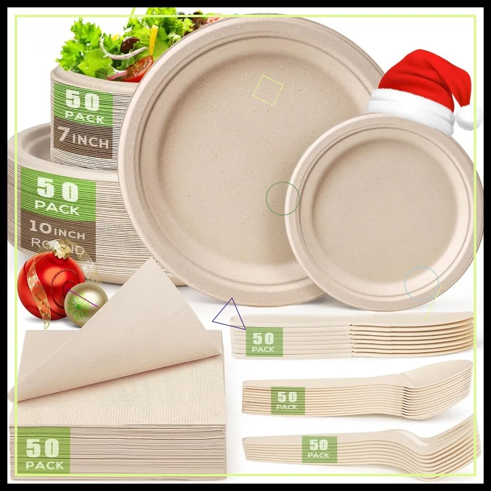 

300-Piece Eco-Friendly Disposable Plates Set, 10-Inch Heavy-Duty Compostable Utensils and Napkins for Parties
