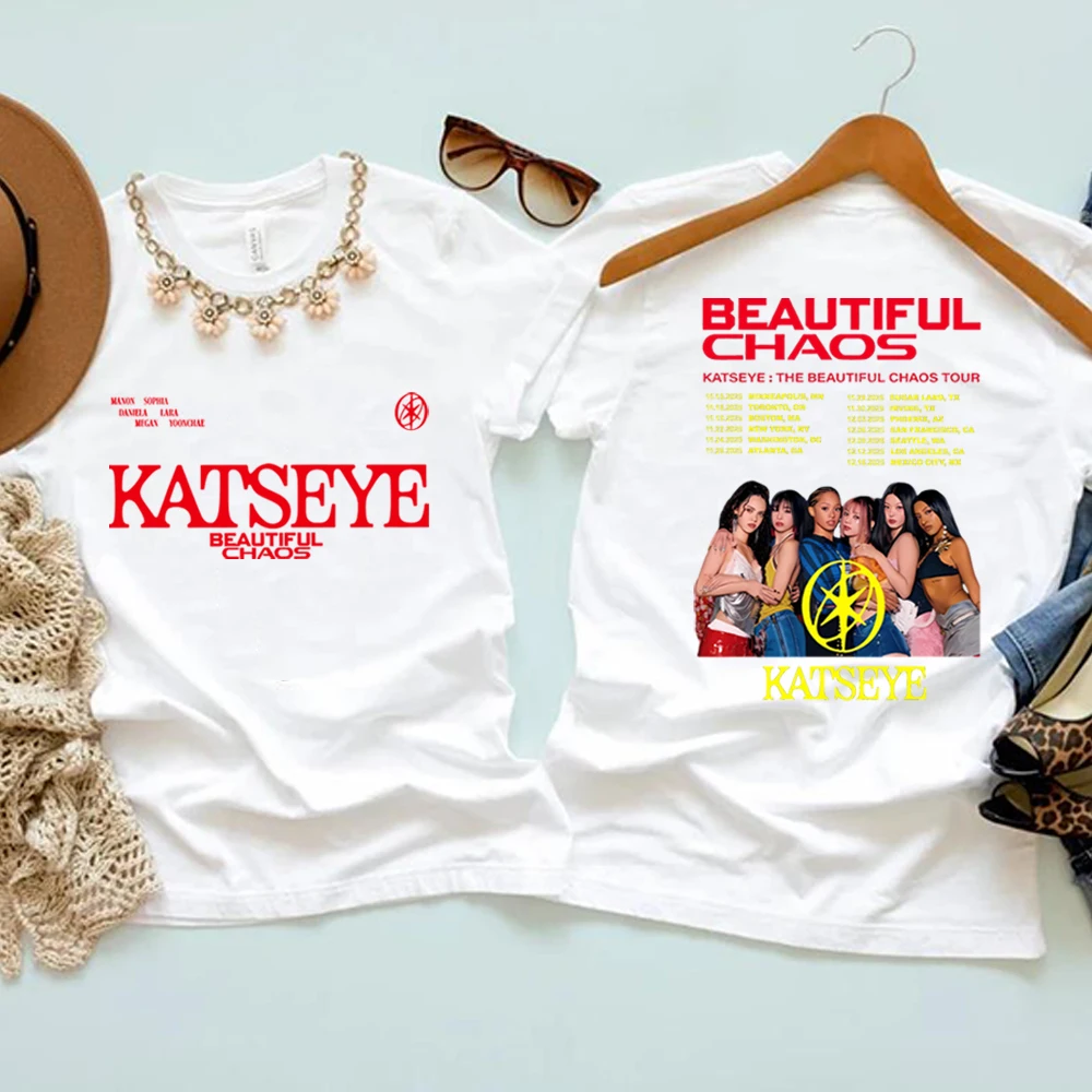 Retro Katseye T-shirt Front and Back Print K-Pop Katseye Beautiful Chaos Shirt Y2k Kpop Gabriela Hip Hop Homage Streetwear Tops