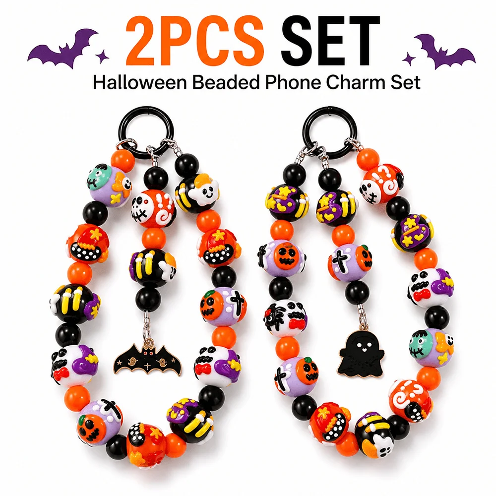 2PCS Cute Halloween Beaded Chain Pendant Wrist Strap for Phone Digital Camera Charm Lanyard for Bag Keychain Gift Bat Ghost