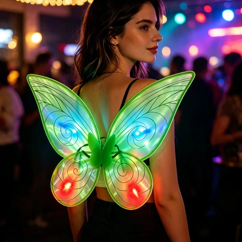 LED Light‑up Butterfly Fairy Wings Cosplay Prop,Glowing Transparent Pink Wing Accessory,Halloween Night Masquerade Carnival Role