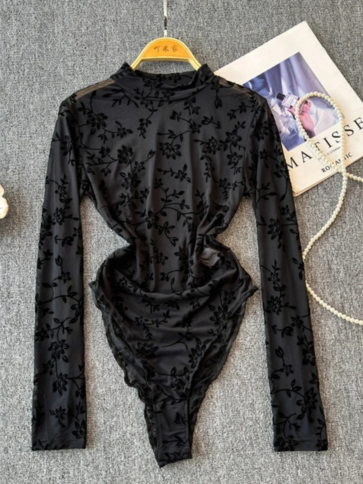 Foamlina Spring Autumn Fashion Black Long-sleeved Stand-up Collar Bodysuit Shirt Slim Tight Printed Onesie Bottom Jumpsuit Top