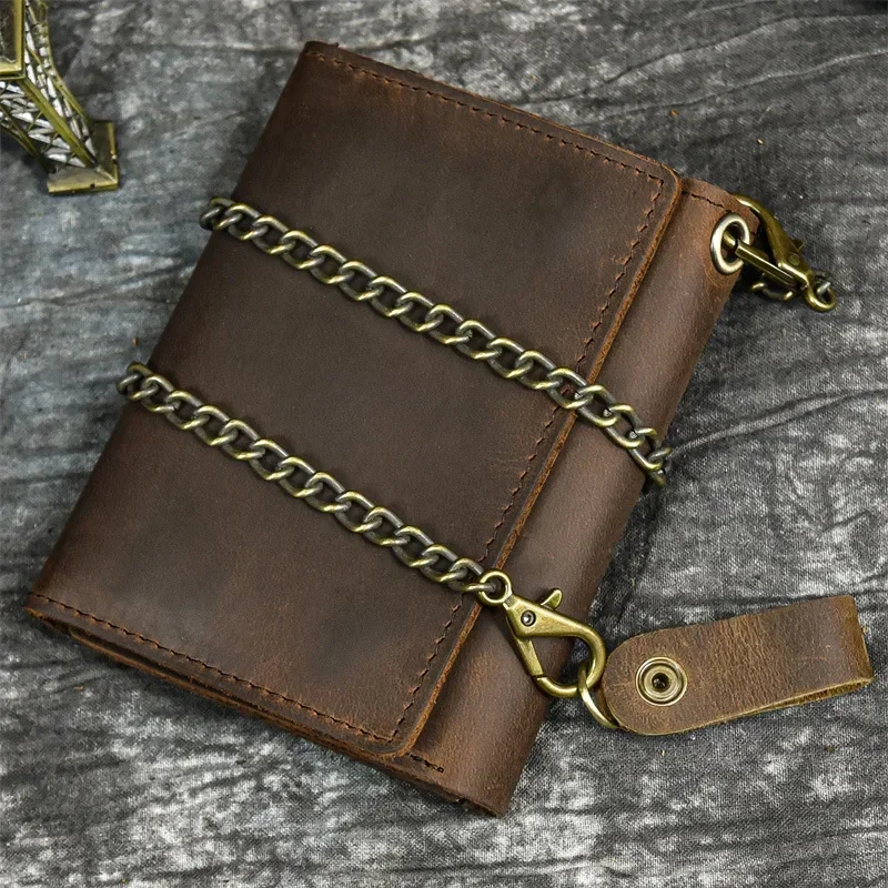 Men Genuine Leather Short Wallet with Chain Zipper Clutch Wallets Male Short Trifold Purse Card Holder Change Coin Purse