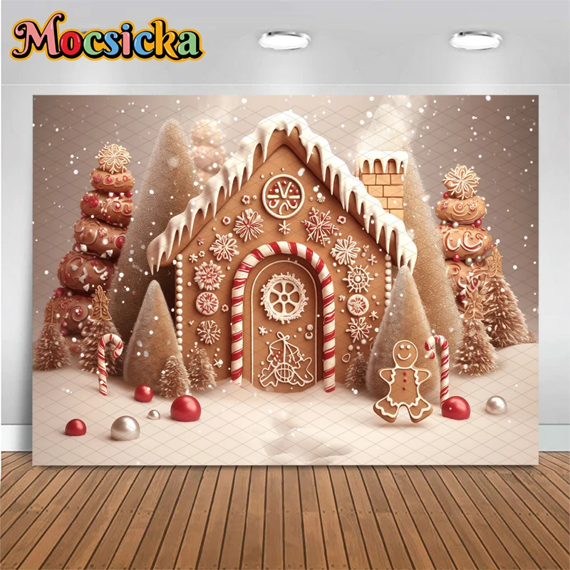 Mocsicka クリスマスハウス背景写真撮影ツリーパーティーベビー写真背景ベージュ壁紙スノーフレークキャンディ装飾バナー