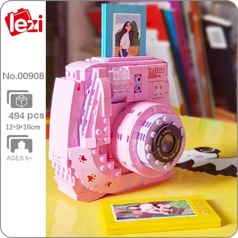 Lezi 00908 Digital Instant Polaroid Camera Pink Rabbit Photo Machine Model Mini Blocks Bricks Building Toy For Children No Box