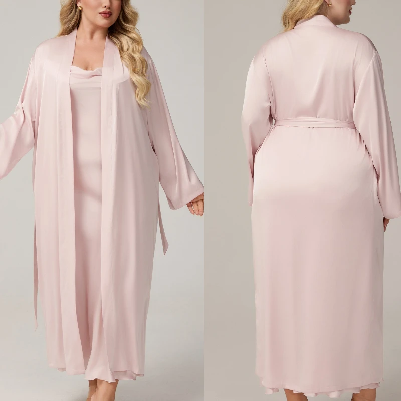 Krismile Pink Plus Size Robe Sets for Women 2025 Spring Autumn Luxury Satin Swing Collar Nightdress Long Sleeve Robe with Belt