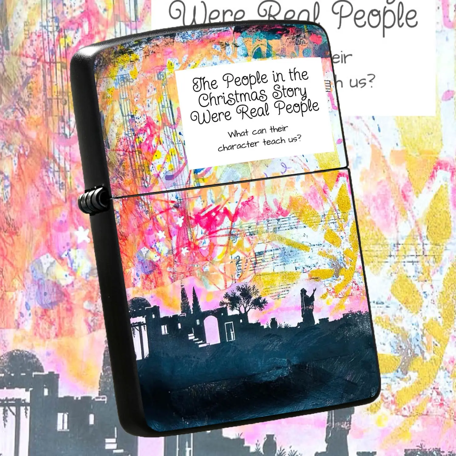 Creative Christmas Story Themed Lighter, Vibrant Abstract Mixed Media Art Print With Bethlehem Silhouette, Versatile All-Scene Daily Use Igniter, Delicate Aesthetic Portable Practical Accessory For Home,  A Humorous And Interesting Lighter
